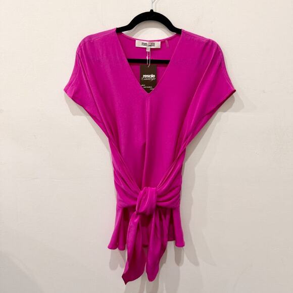Diane von Furstenberg Silk V-Neck Blouse with Tie Detail Hot Pink Women's Size S - Picture 1 of 4